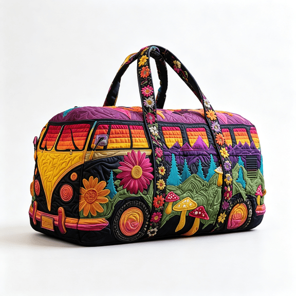 CCOCC Quilted Duffel Bag Vintage Floral Hippie Van Travel Duffle Bag Boho Travel Weekender Bags Overnight Luggage Bag Gym Tote(Style 9,Large(18" L X 9" W X 9" H))
