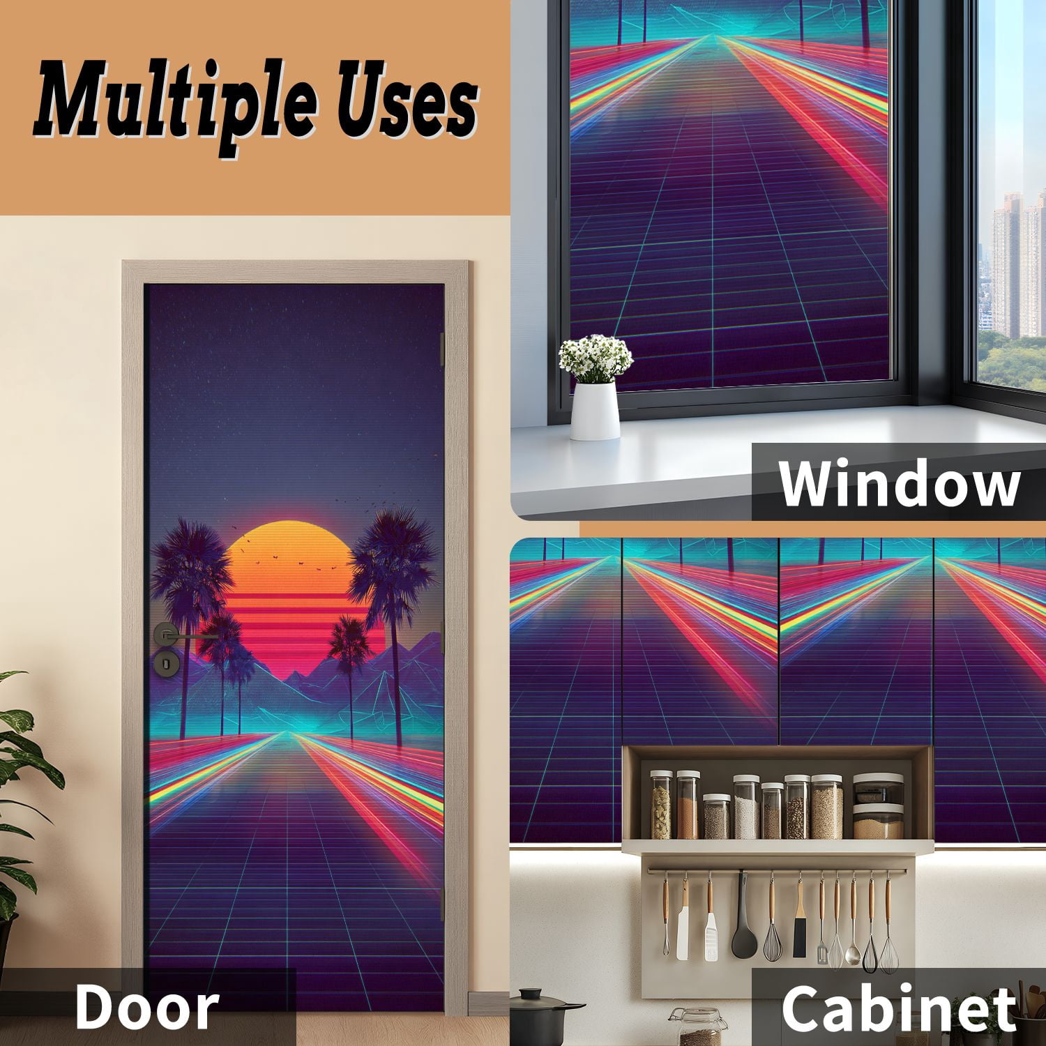 Self Adhesive Vinyl Refrigerator Wrap Set Inspired by 80s Scene wave retrowave music Door Mural Removable Fridge Sticker Peel and Stick&nbsp;Full Door Cover Decal Kitchen Bar Decor
