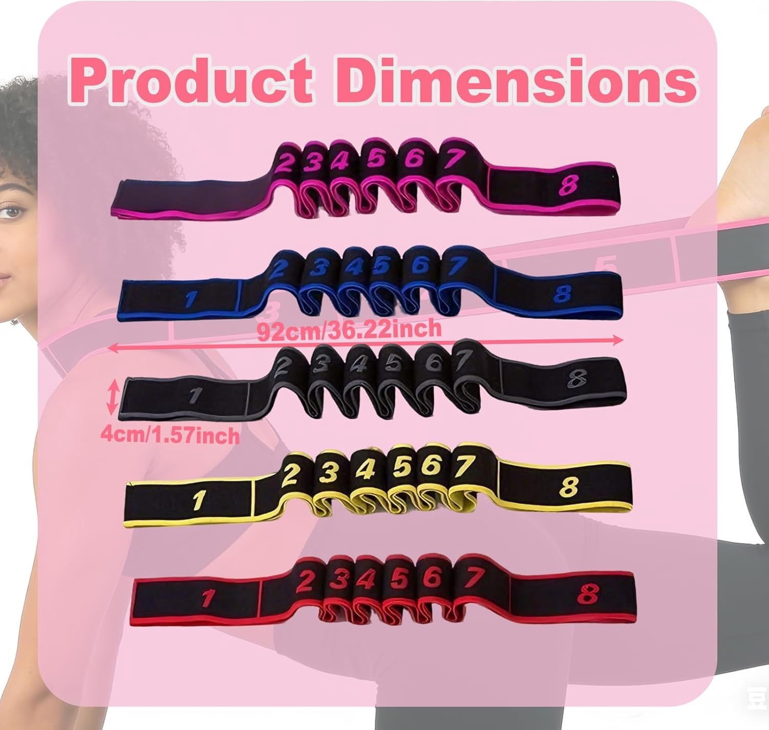 Numbered Resistance Band 5-Pack, Numbered 8-Section Elastic Stretch Bands for Yoga, Pilates, Stretching, Glutes, Full Body Workout