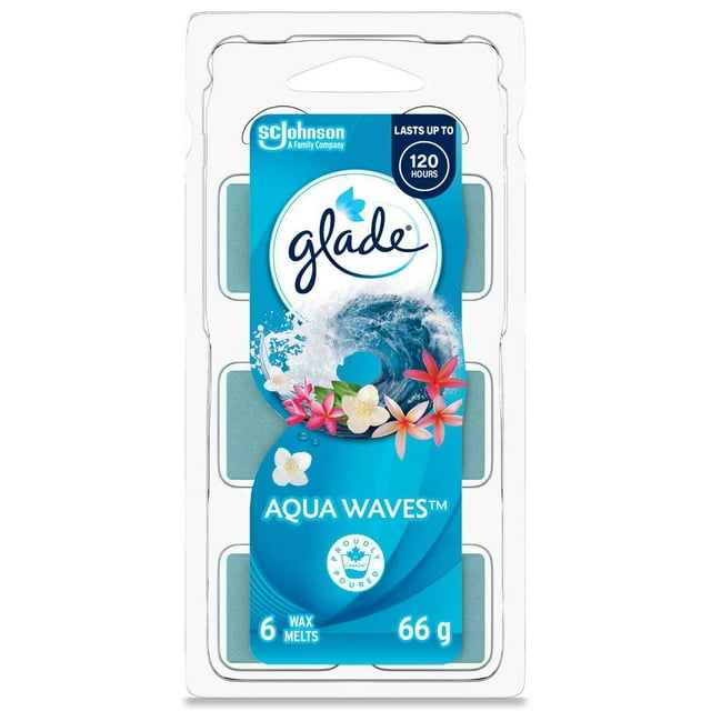 Glade Wax Melt Air Freshener Refills Aqua Waves scent pack containing six wax melts weighing 66 grams, featuring ocean wave and floral design on packaging