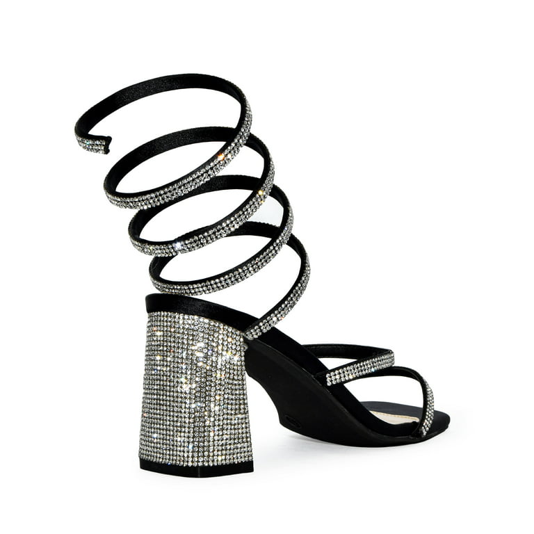 Wild Diva Rhinestone Spiral Ankle Strap Square Toe Low Block Heels (Black,  6)