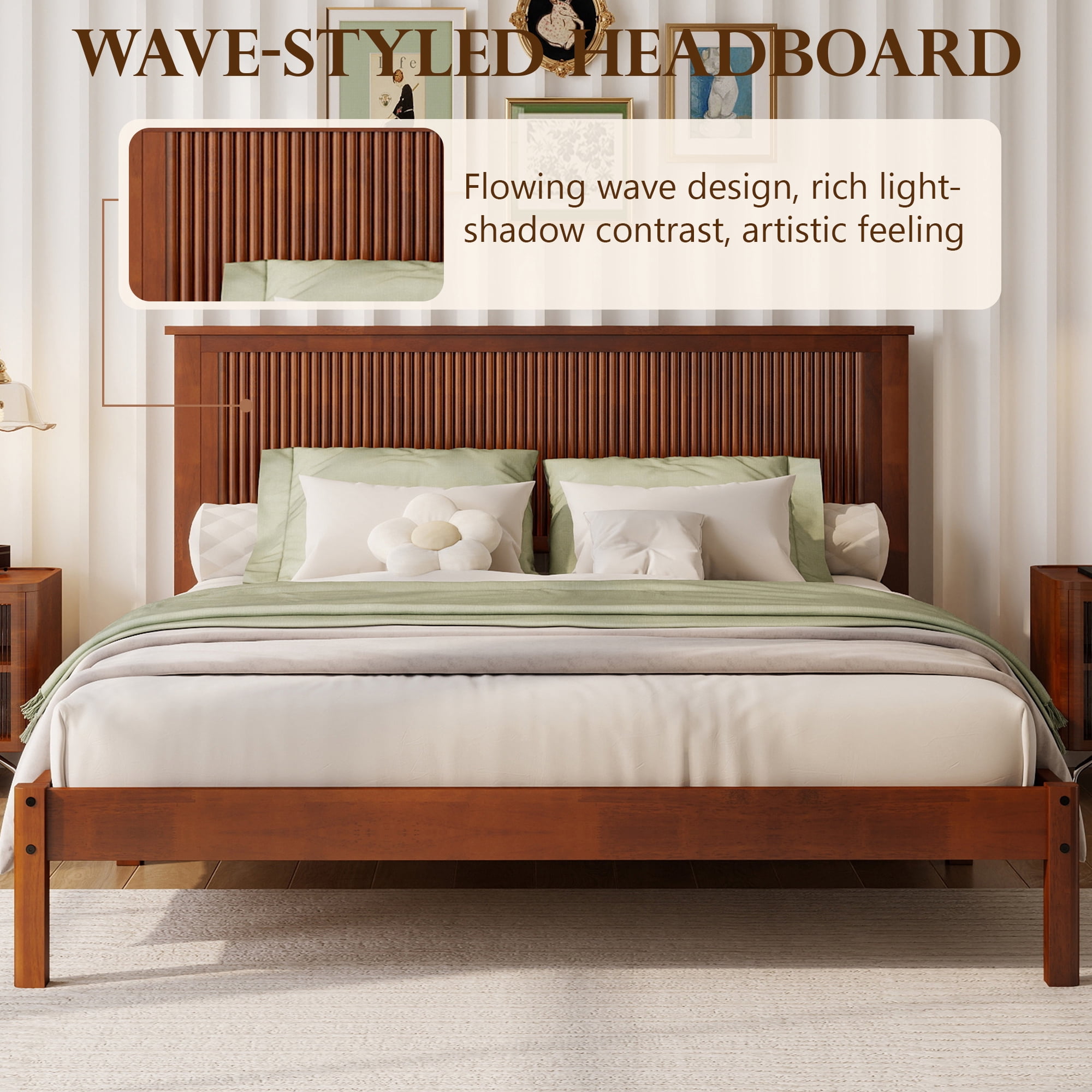 Miniyam Queen Size Wooden Platform Bed Frame with Headboard, Fluted Wave Design, Walnut