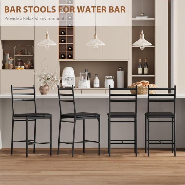 Modern Upholstered Bar Stools Set – Padded Seat, Curved Ladder Back, Metal Frame, Footrest – Counter Height Dining Chairs for Kitchen Island, Dining or Restaurant – Dark Coffee Gold Beads, 2-Pack