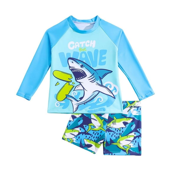 Baby Boy Swimsuit Kids Boys Shark Print Long Sleeve Thin Breathable Quick Dry 2 Piece Swimsuit Set Toddler Swimsuit Blue 4 Years-5 Years