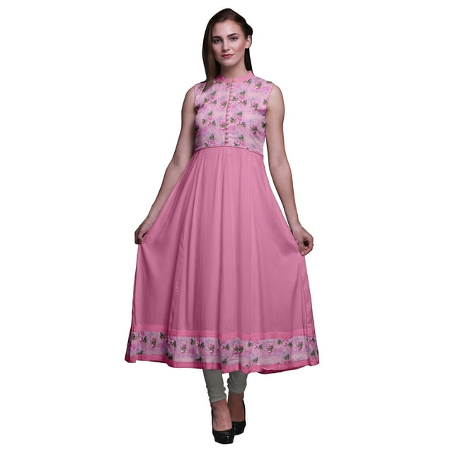 Bimba Robe Anarkali Rose Pâle Col Mandarin Sans Manches Kurtis pour Femmes Imprimé Robe Maxi XX-Grand
