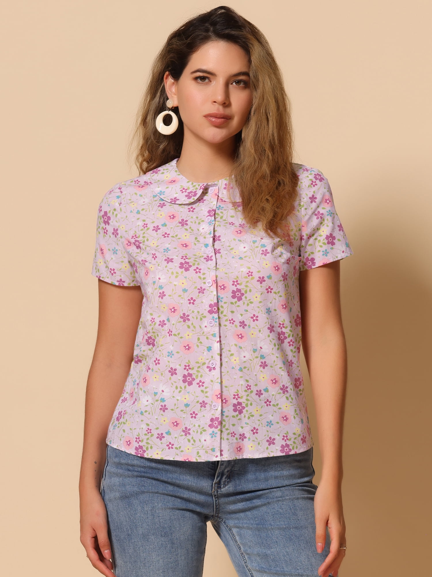 DARING DIVA Women's Retro Peter Pan Collar Button Front Blouse S Light Pink