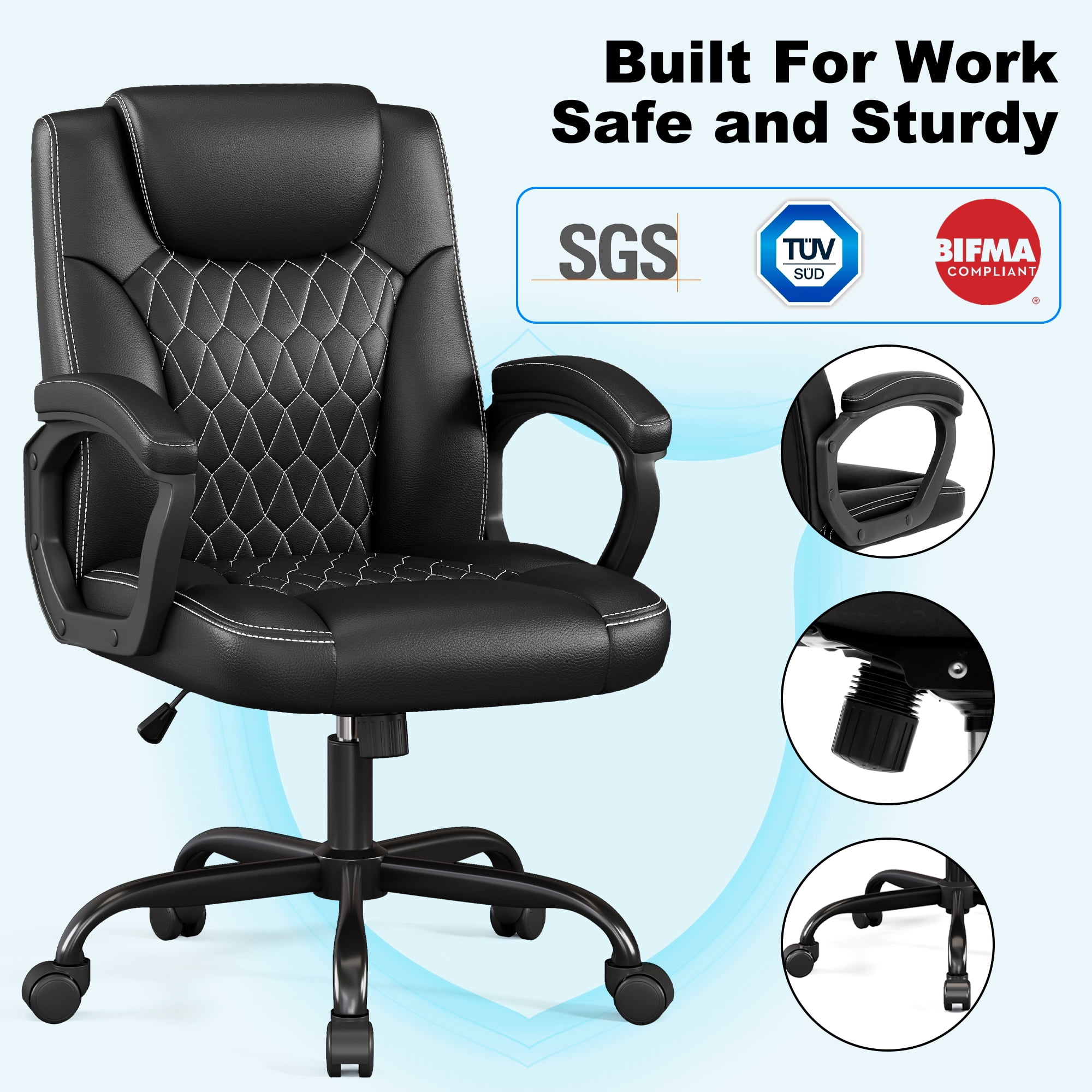 Misolant Office Chair, Executive Desk Chair, PU Leather Comfortable Executive Chairs with Fixed Armrest, Adjustable Height, Rocking Function, 360° Swivel Wheels