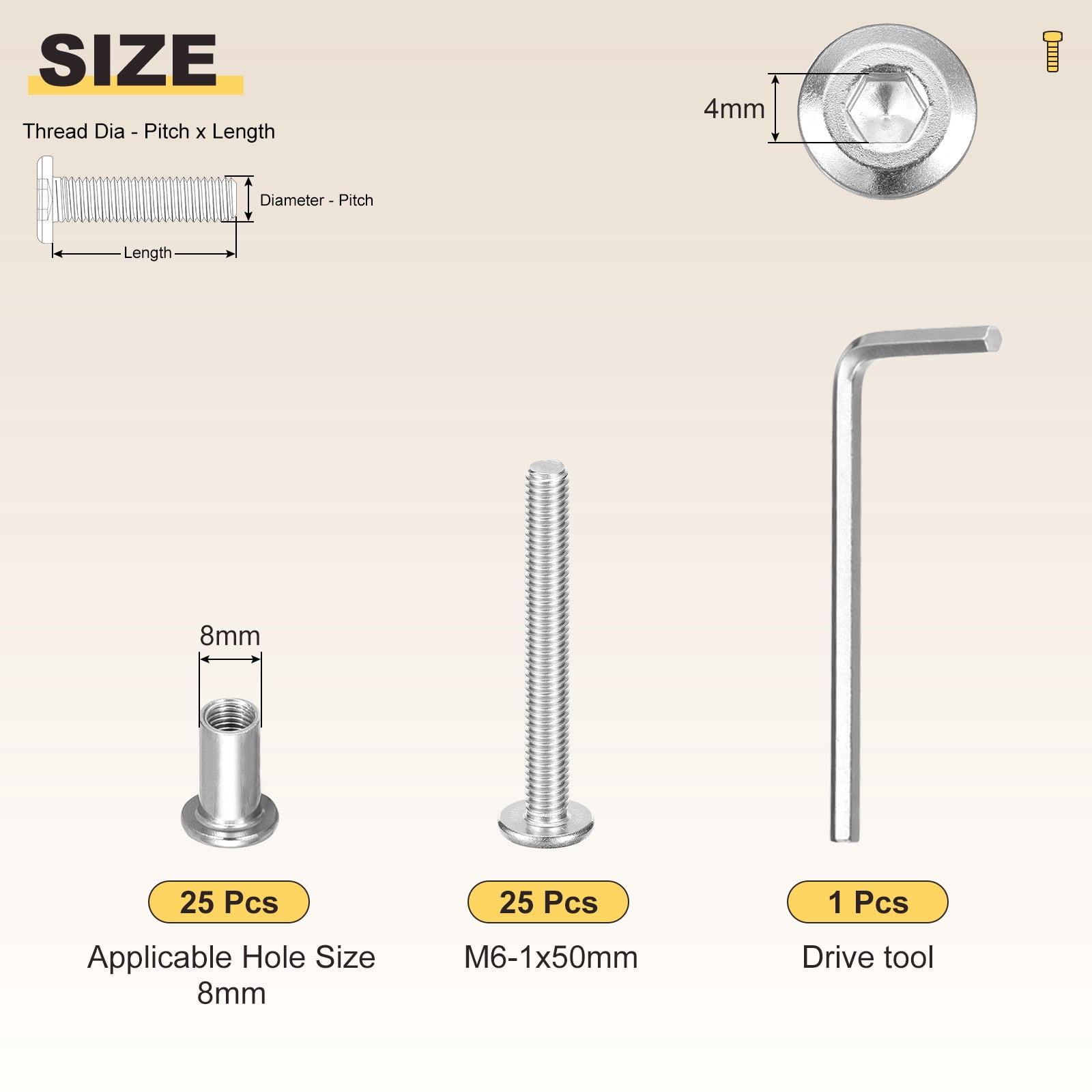 Furniture Connector Bolt Cap Nut Kit with Wrench(M6-1x50mm) 50Pcs, Connector Bolts M6 Countersunk Screw Barrel Nuts Binding Screws, for Chair Cabinet Bed, Silver