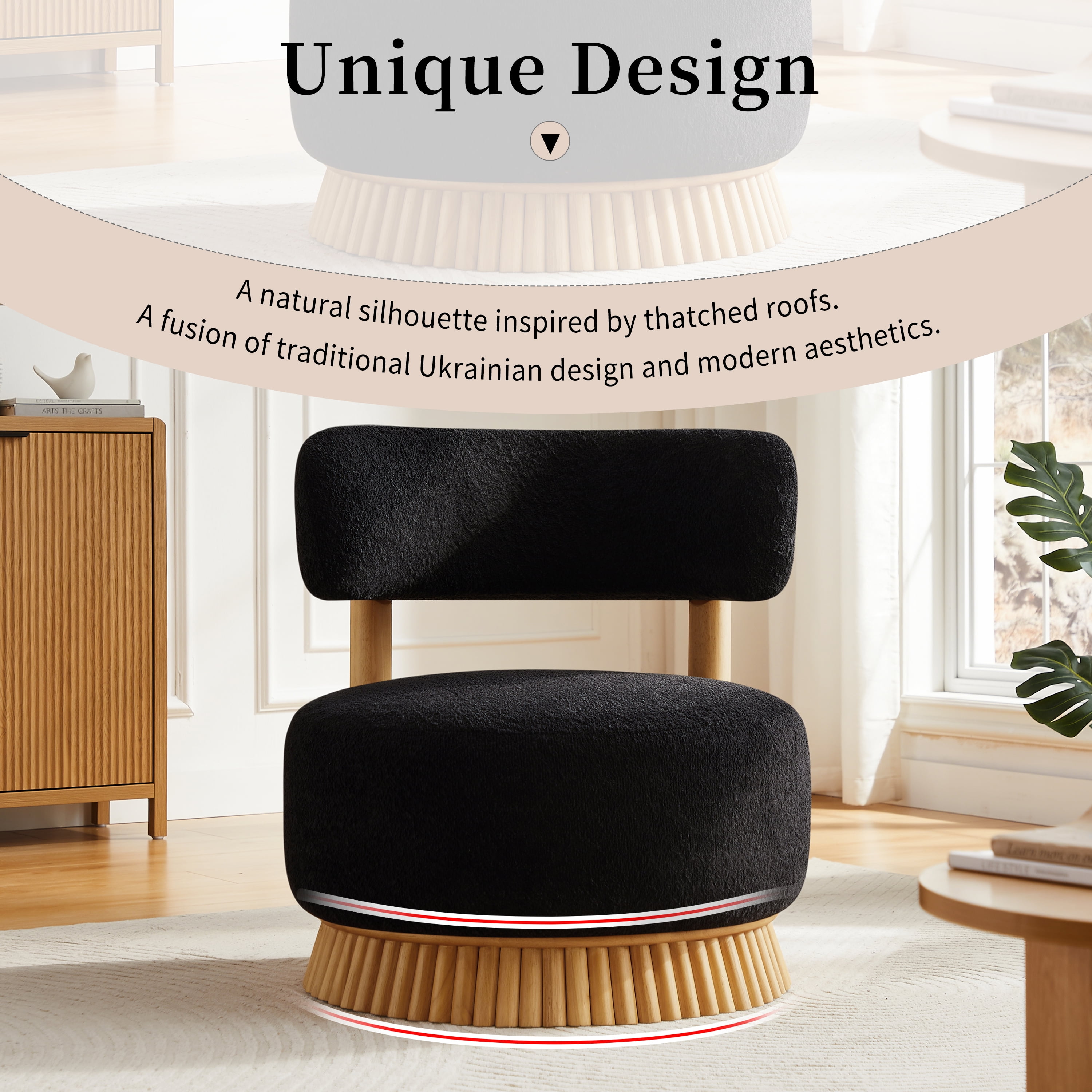 Euroco Farmhouse Armless Chair, Cozy Upholstered Armless Lounge Chair with Thatched Roof Rod Design and Wood Frame,Fabric Comfy Reading Chair for Bedroom,Living Room,Black