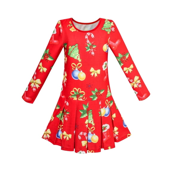Girls Dress Red Christmas Tree X-mas Jingle Bell Holiday 8