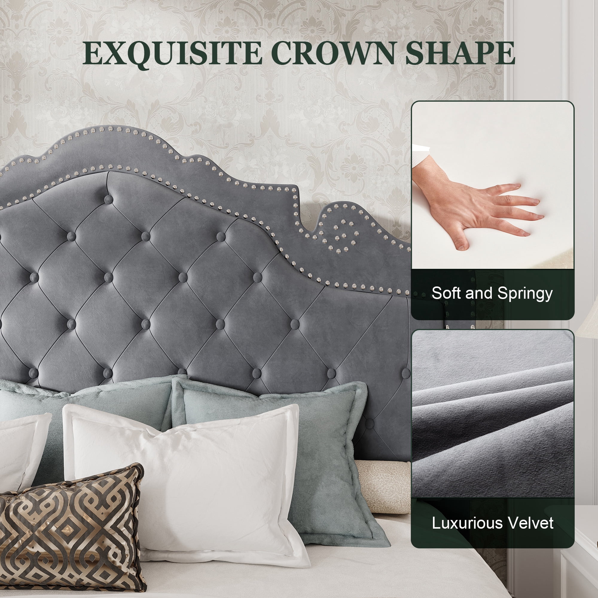 Amolife Queen Bed Frame with Adjustable Crown-Shaped Headboard, Upholstered Platform Bed, No Box Spring Required, Gray