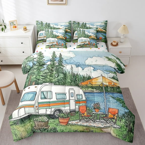 Erosebridal Travel Truck Bed in a Bag Twin size, Rustic Lake Bed Set, Camping Camper Reversible Bedding Twin Size, Ultra Soft Room Decor, 7-Piece
