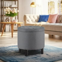 Belleze Nailhead Round Tufted Storage Ottoman Large Footrest Stool Lift Top, Gray