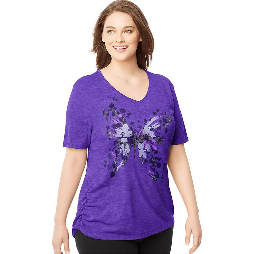 Just My Size Women's Plus Printed Vneck Tshirt w/ Side Shirring