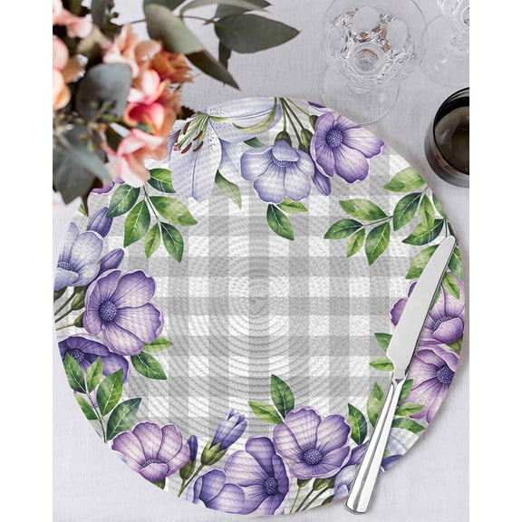 15 Inch Round Placemats Set of 4, Purple Flowers Non Slip Heat Insulation PP Table Mats, Spring Floral Leaves Plants Gray Plaid Washable Place Mats for Kitchen Dining Party Table Decor