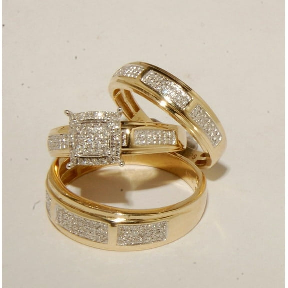 Bluebell Jewels Trio Wedding Ring Set for Him and Her Yellow Gold Finish with Round Cut CZ Stones