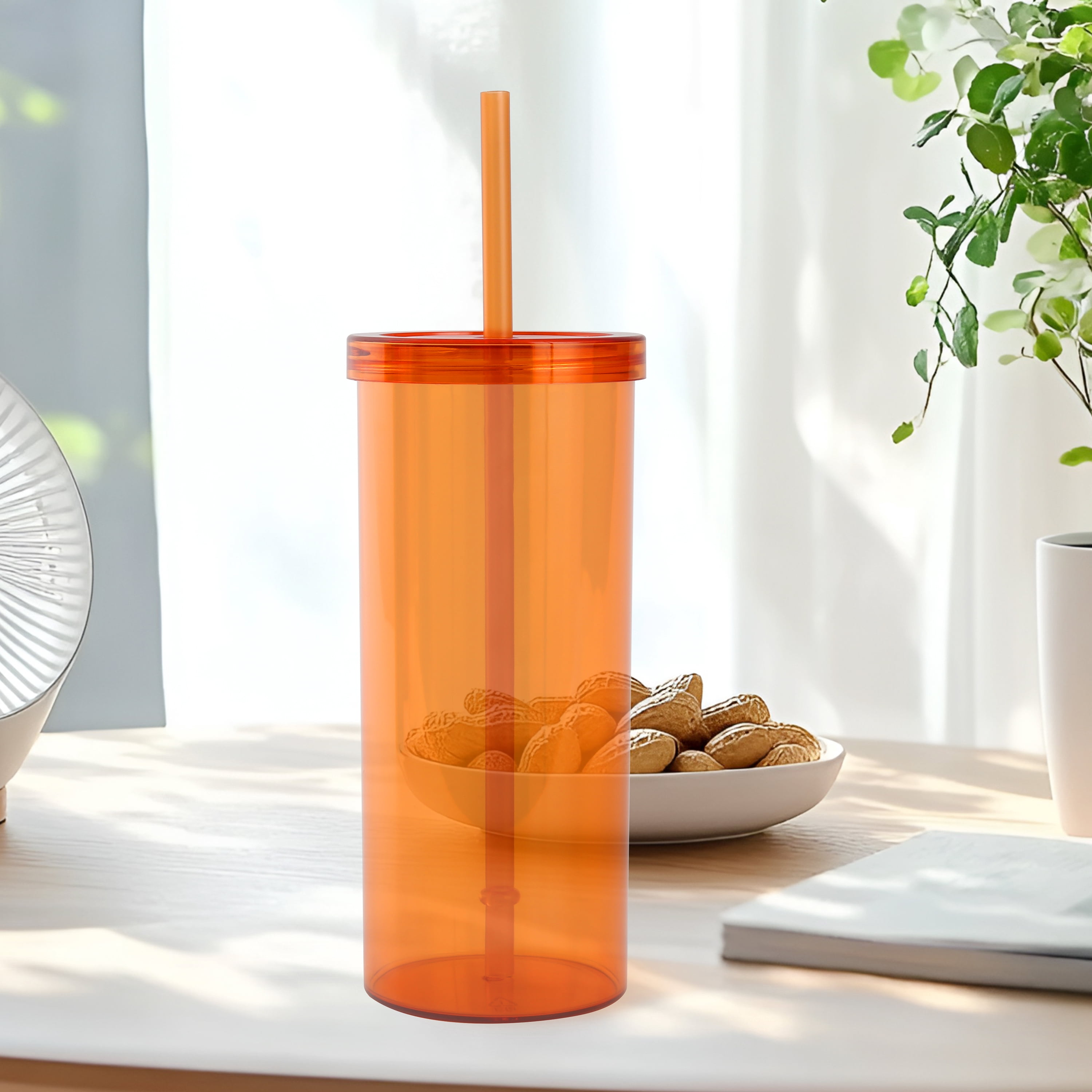 Mainstays Plastic 20oz Orange Tumbler with Screw Top Lid and Straw