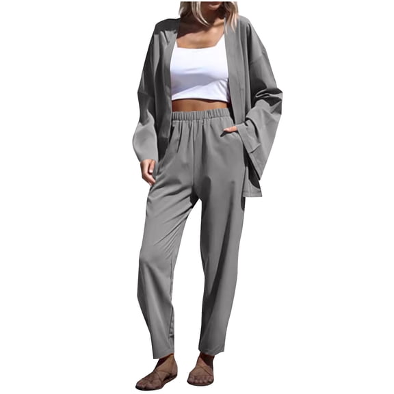 Womens Two Piece Outfits, Long Sleeve Cardigan and Pant Sets for Women with Pockets Loose Travel Casual Clothes (XL, Gray)
