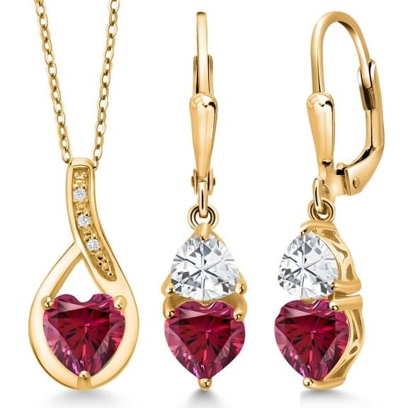 Gem Stone King 18K Yellow Gold Plated Silver Red Zirconia Pendant Earrings Set for Women (4.15 Cttw, Gemstone Birthstone, with 18 inch Chain)