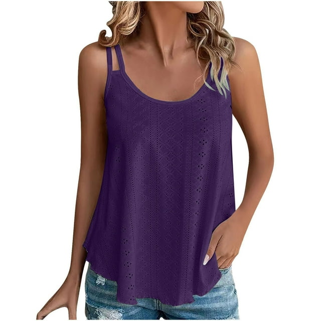 AherBiu Camisole pour Femmes Sans Manches à Col Rond avec Broderie Oeillets Chic Décontractée Ample Fluide Camis