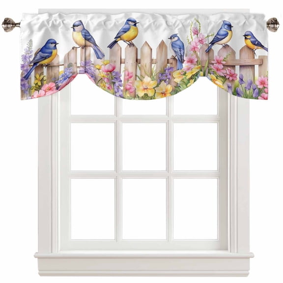Fsddascl Spring Floral Tie Up Valance Curtains for Windows, Kitchen Curtains Window Treatments, Summer Birds Botanical Fence Short Window Shades Valances for Bedroom Bathroom Cafe 42"x18"