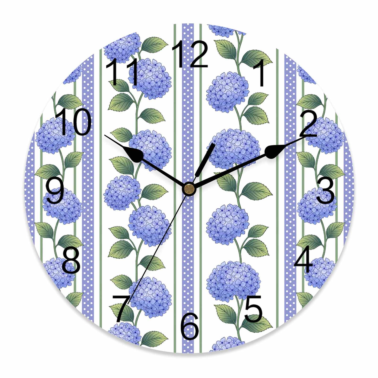 Wall Clock Blue Hydrangea Flower Clocks PVC Silent Non-Ticking Battery Operated Decorative Flower Vines Stripes Round Clock for Home Living Room Kitchen Bedroom Office School Wall Decor 14 Inch