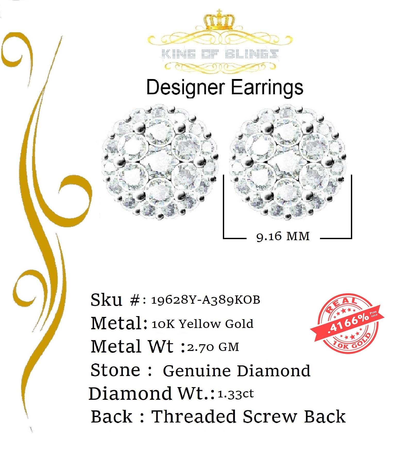 King of Bling's 10K Real Yellow Gold w/Real 1.33 CT Diamond Men's/Women's Stud Round Earring