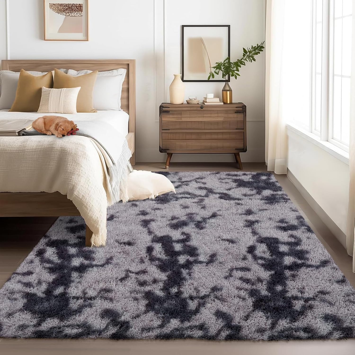 Memoryfield 10' x 13' Area Rug, Tie-Dye Plush Non-Skid Rug, for Bedroom Living Room Nursery, Dark Gray