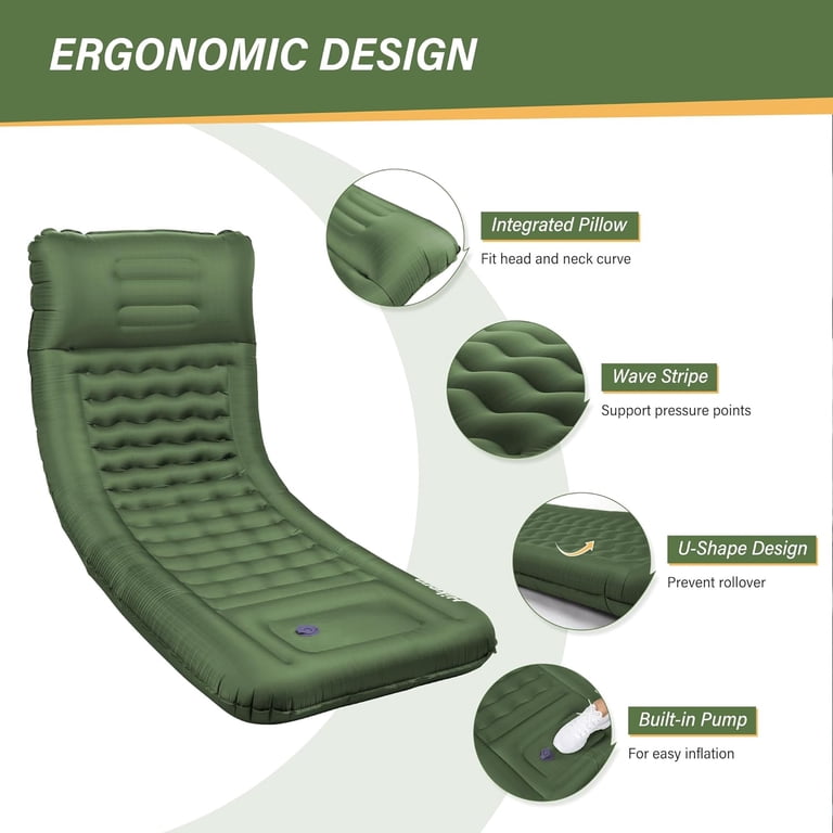 Self-Inflating 6 Inch Thick Camping Sleeping Pad With Built-in Foot Pump - Ultralight For Backpacking