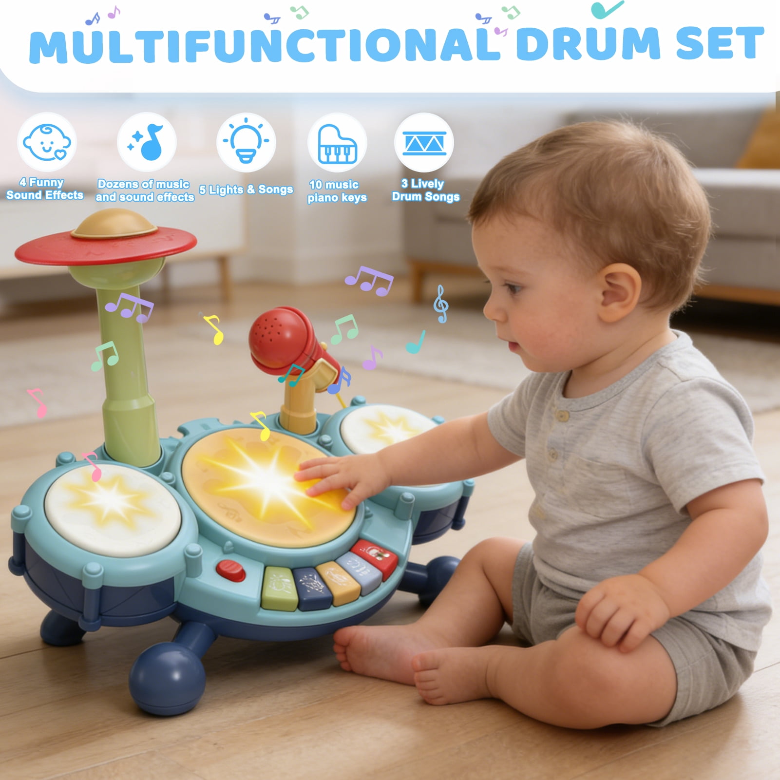 Leimiao Kids Drum Set for Toddlers, Montessori Musical Toys with Microphone, Learning Developmental 1-4 Years Baby Gift (Blue)