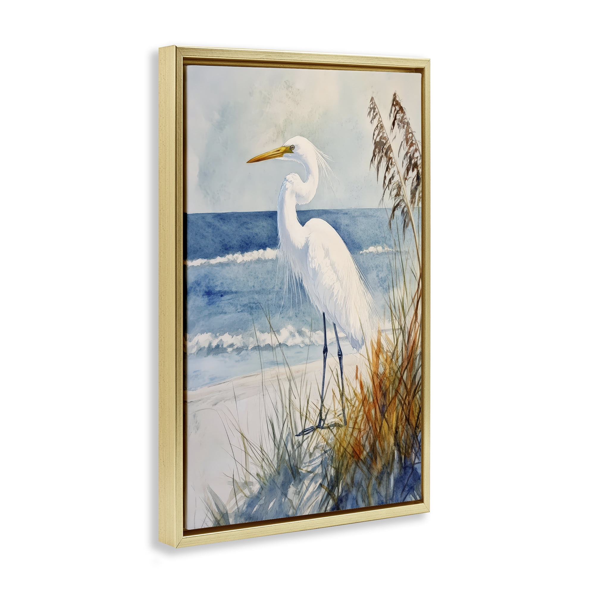 Stupell Industries Egret By The Waves Gold Framed Floater Canvas Wall Art, design by Petal Prints Design