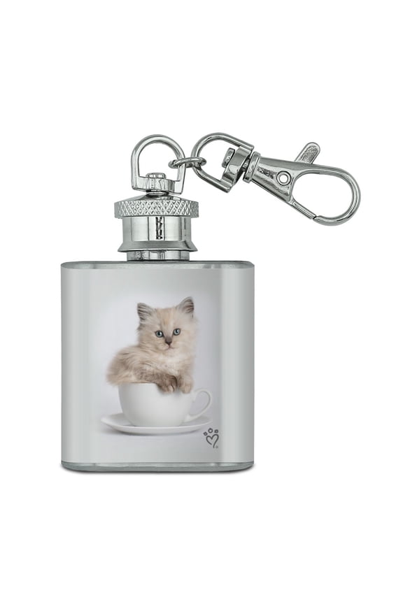 Ragdoll Tiffany Cat Kitten Tea Cup Ride Stainless Steel 1oz Mini Flask Key Chain