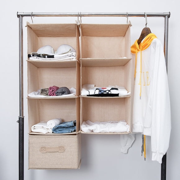 Cotton Linen Hanging Closet Multi Layers Pockets Clothes Organizer Bag Folding Shelves Dual Hooks Wardrobe Sorting Rack Blue 4 Layers
