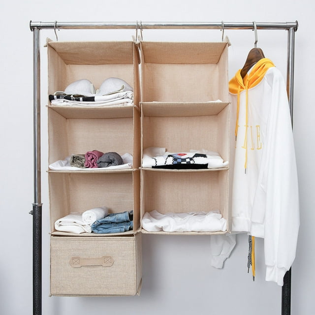 Cotton Linen Hanging Closet Multi Layers Pockets Clothes Organizer Bag Folding Shelves Dual Hooks Wardrobe Sorting Rack Blue 4 Layers