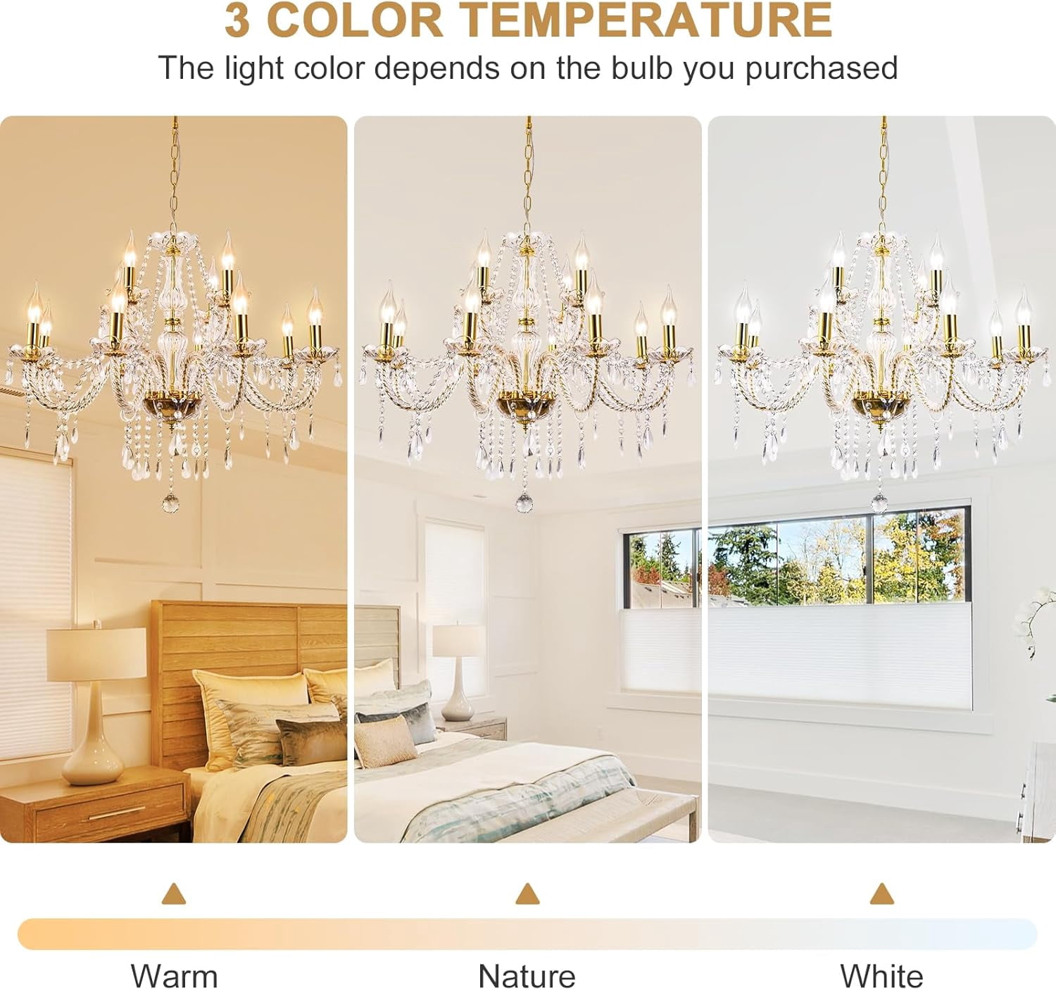 Modern Elegant 15 Lights K9 Crystal Glass Chandelier Golden Pendant Ceiling Lighting European Style for Dining Living Room Bedroom Transparent,15 E12 Bulbs Required