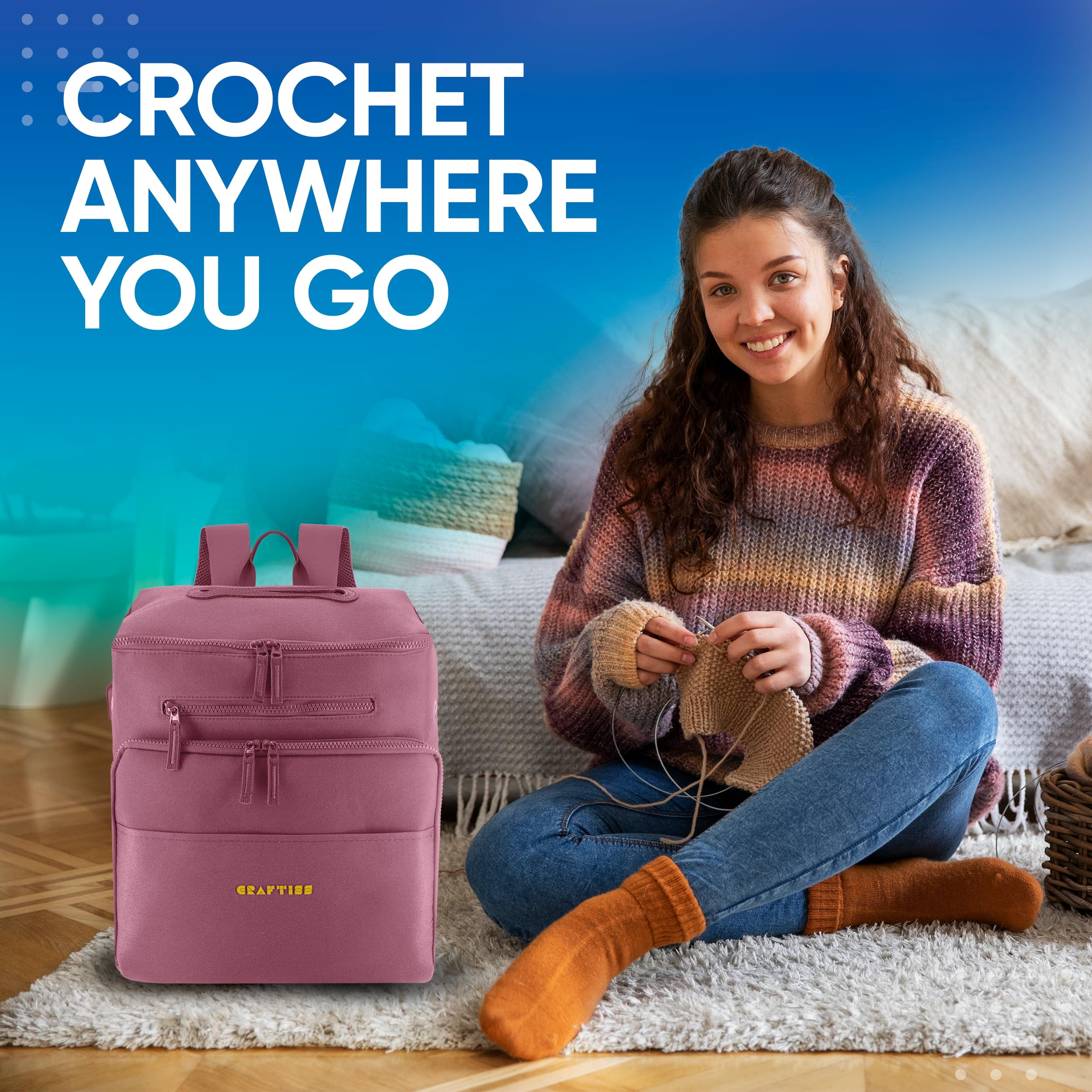 CRAFTISS Crochet Bag Yarn Storage - Perfect Gift - Durable Canvas Yarn Bag for Crochet Accessories &ndash; Backpack Organizer with Knitting Accessories Pockets and USB Cable