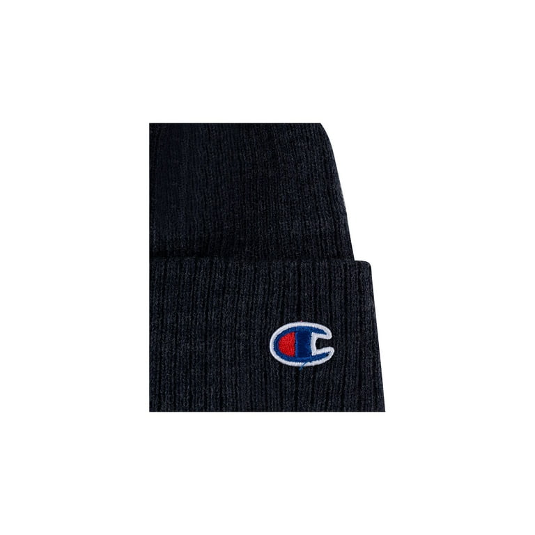 CHAMPION Black Embroidered Logo Ribbed Acrylic Beanie Hat Fitted Cap