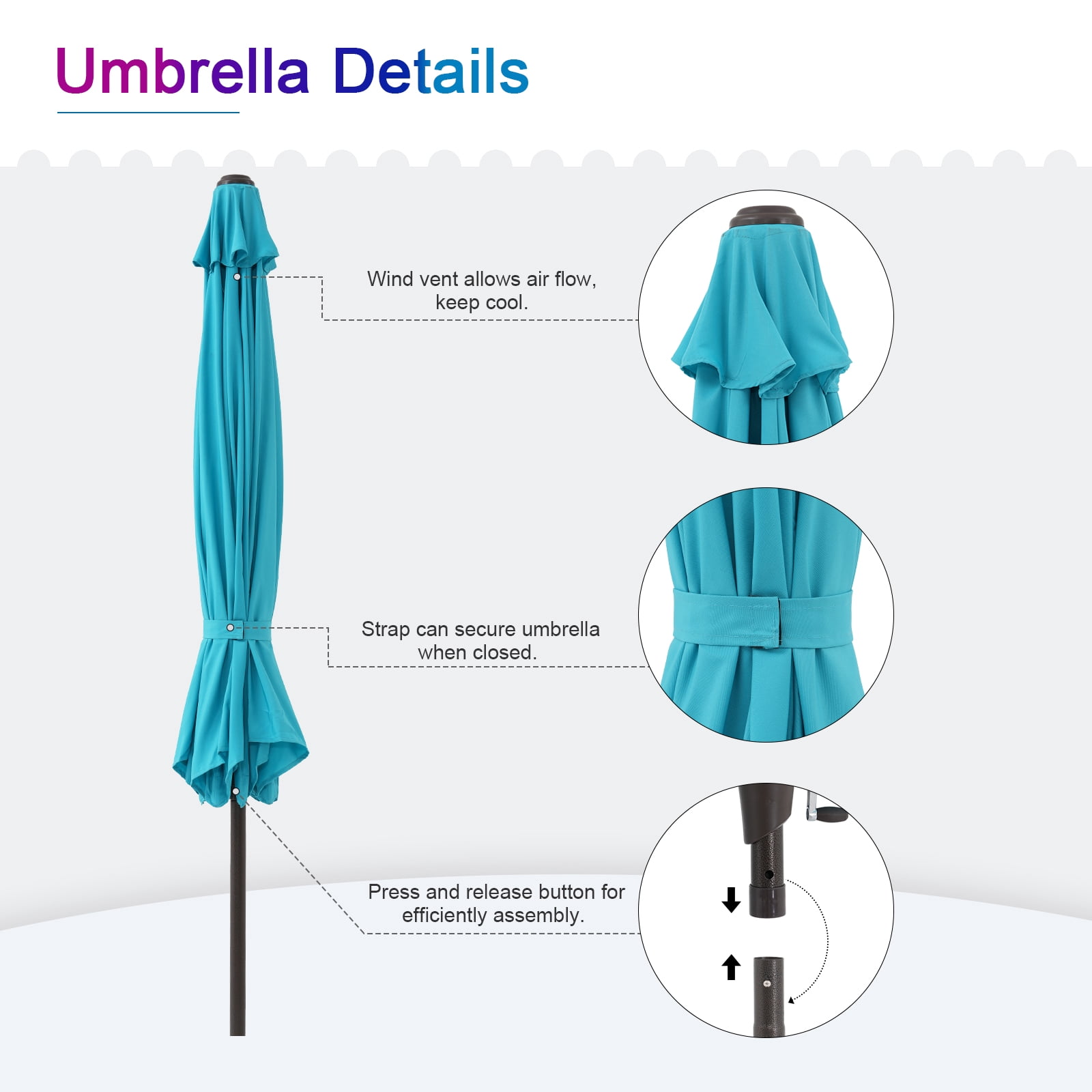 9ft Outdoor Patio Umbrella, with Push Button Tilt and Crank Sysytem, Sturdy Power Coated Frame, for Garden, Poolside, Deck and Backyard, Blue
