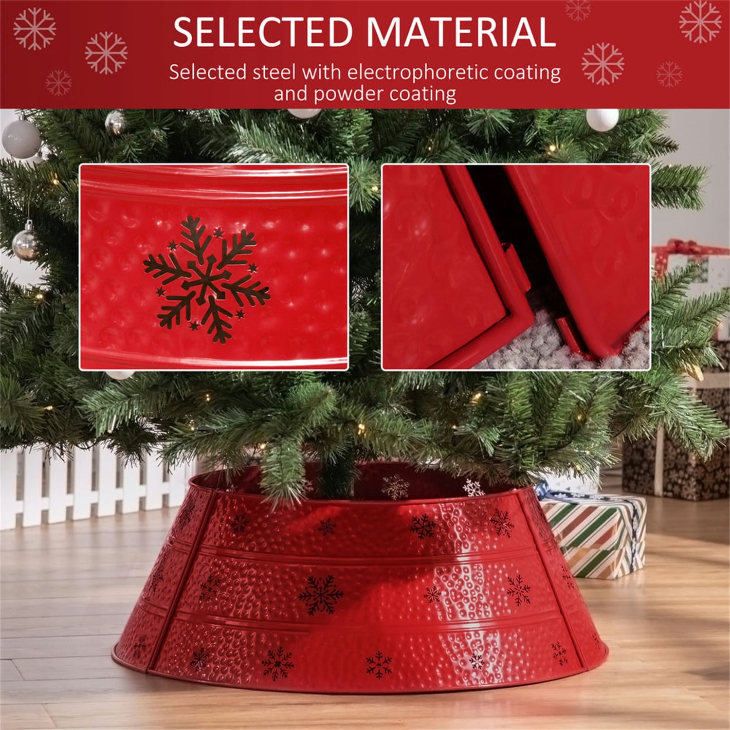 Hommoo Christmas Tree Collar, Steel Tree Ring Skirt, Home Xmas Decoration for Christmas Tree, 26" x 26" x 9", Red