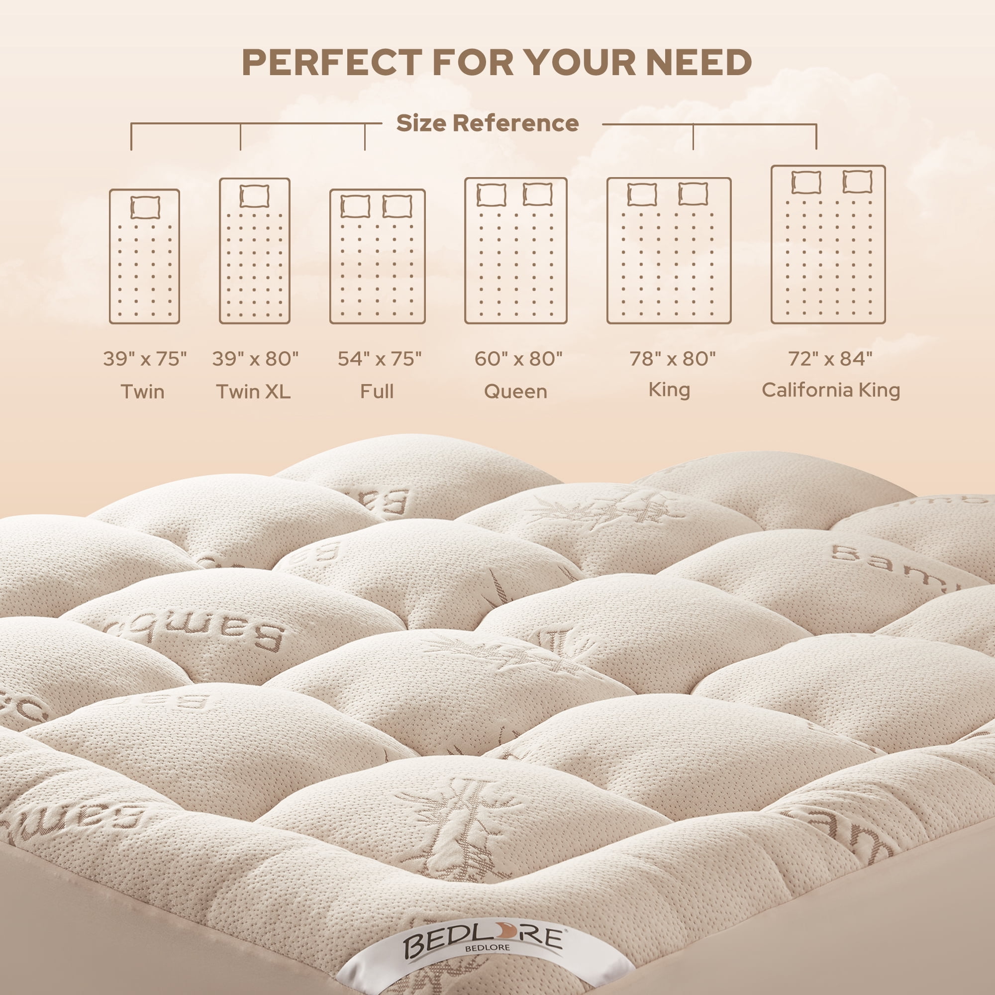 BEDLORE Twin Mattress Topper, Bamboo Pillow Top Pad for Back Pain Relief, Thick Soft Mattress Cover with Deep Pockets 6-15 inch(Beige)