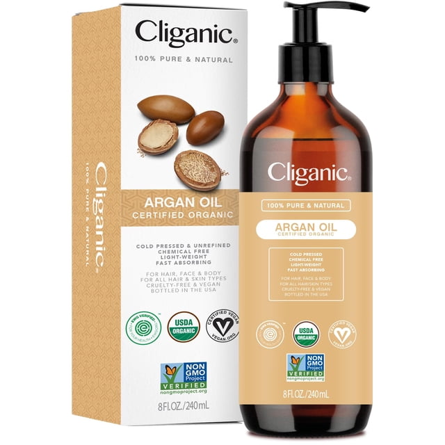 Aceite de argán Cliganic Organic 240 ml con bomba 100% puro para el cabello