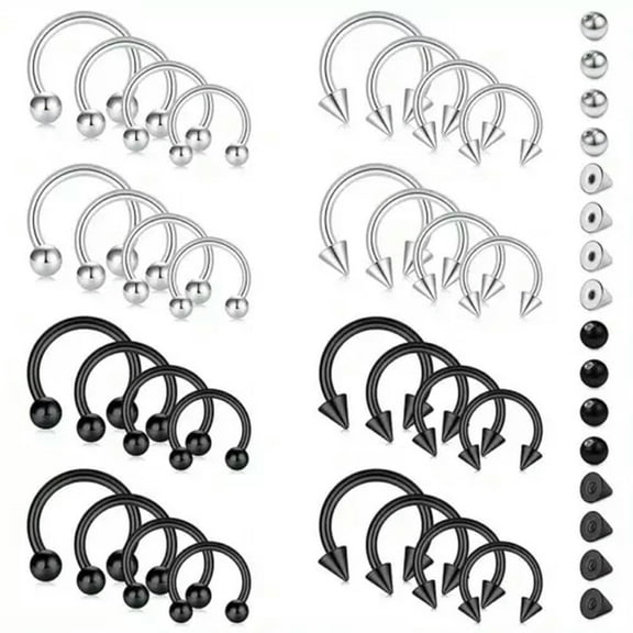 K-KED 32pcs Horseshoe Ring Set CBR Nose Septum Hoop Earring Tragus Piercing Jewelery-Silver&Black