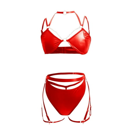 

dmqupv Womens Lingerie Women Fashion Lingerie 3pack PU Leather Harness Lingerie Set With Chain Linked Hand Ring Red S