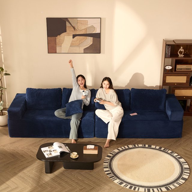 BIGSYY 137" Modular Sleeper Sofa for Adults - Memory Foam, Extra-Deep Seats, Corduroy Fabric, Blue (2 Packages)