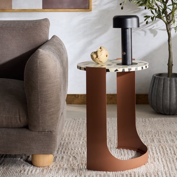 Safavieh Couture Tomlinson Modern Metal and Wood Round End Table, Brown/White
