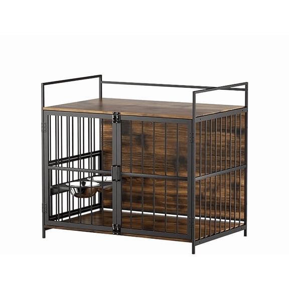 Onail Furniture-Style Dog Crate with 360° Swivel Feeder & 2 Stainless Steel Bowls – Wood Panel Design, Top Storage Shelf, Dual Doors, Easy-Clean Metal Frame Kennel for Medium Dogs