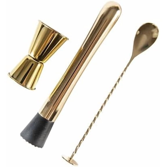 3-Pcs Gold Muddler & Mixing Tools Set, 10" Muddler, 12" Cocktail Spoon & 1 oz/2 oz Double Jigger, Bar Tool Set for Beverages$$Home Decor, Kitchen, & Other