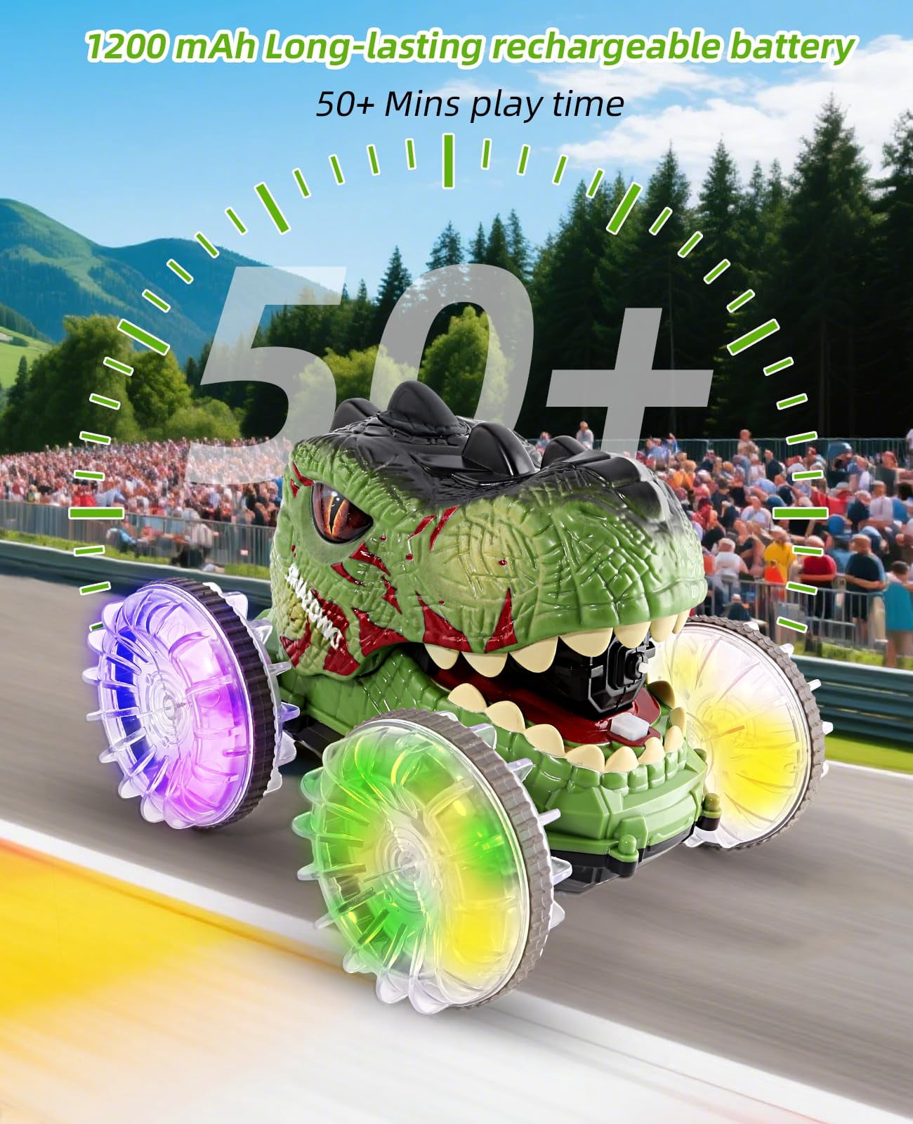 JoyStone Dinosaur Amphibious Remote Control Car for Water & Land with Water Machine, RC Monster Truck Toys with LED Lights, 360° Spins and Drifting for Boys Girls, Green