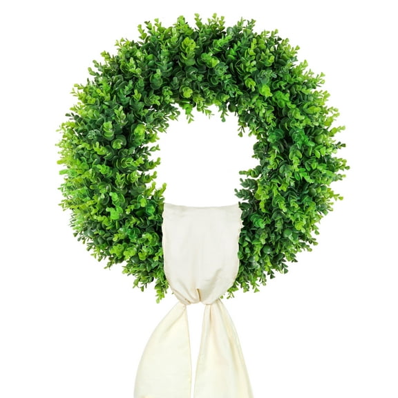 DDHS 20 inch Artificial Boxwood Wreaths, Spring Summer Front Door Wreath，Green Wreaths with Sash for Indoor Outdoor -(Hello Sign&Sash)