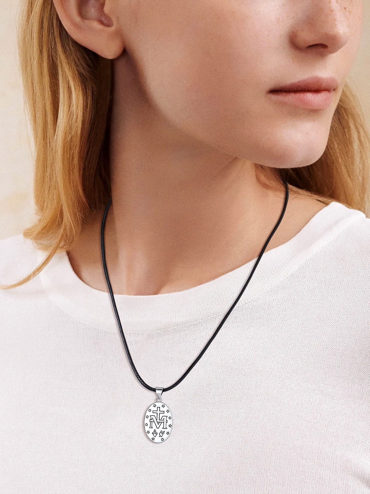 U7 Virgin Mary 925 Sterling Silver Medal Coin Pendant Leather Necklace for Women Men Religious Jewelry Gifts Protection for Her